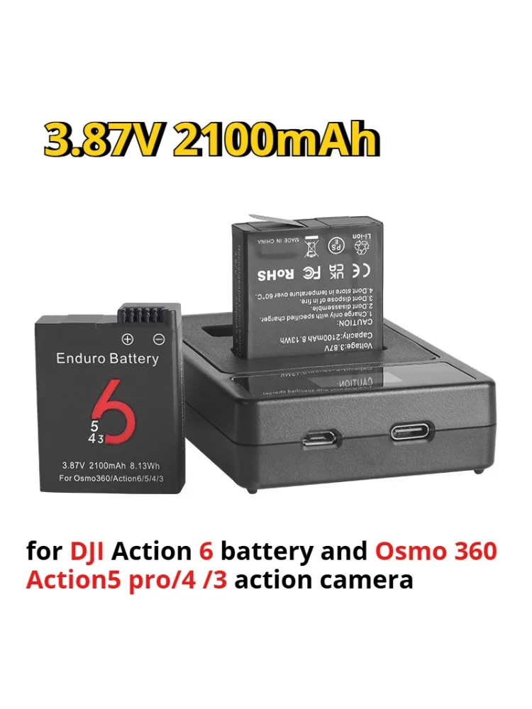 Batterie de caméra 3.87V 2100mAh pour DJI Action 6 pour Osmo 360/Action6/5/4/3, batterie de caméra de sport d'action, chargeur, accessoires, pièce