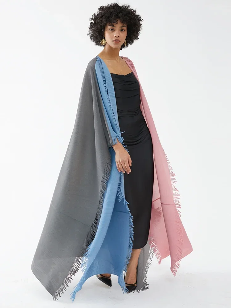 Miyake Pleated Patchwork Color Tassel Windbreak Women 2024 New Dubai Cardigan Shawl Batwing Sleeves Plus Size Designer Cape Coat