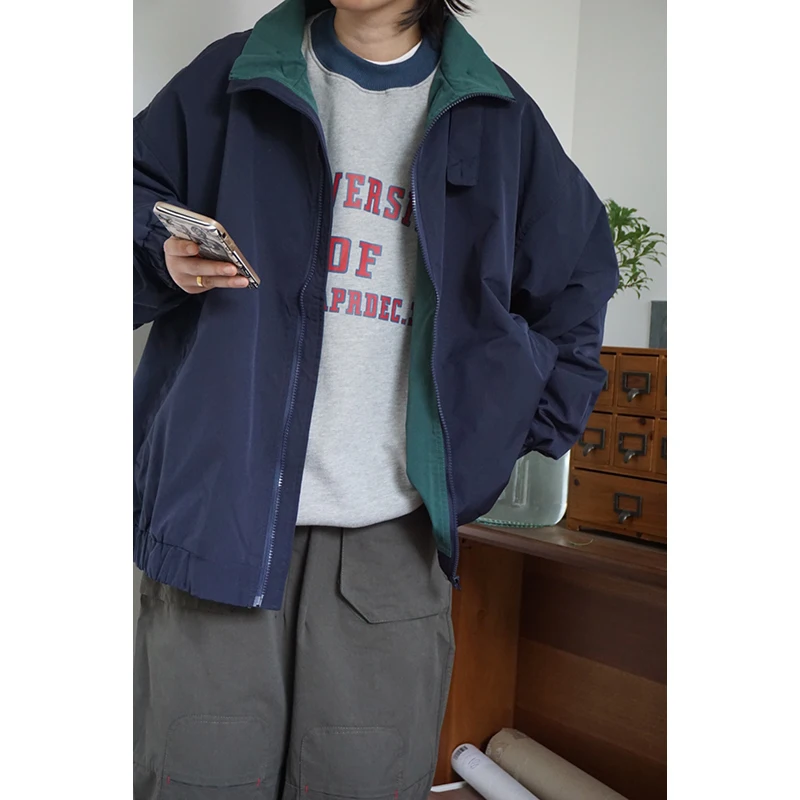 

y Retro Contrast Color Collar Workwear Jaet Loose Casual ex Student Couple Outerwear Faionable Spring Autumn