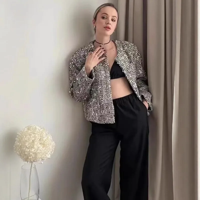 O-neck Sequined Tweed Suit Coats Slim Bling Silver Blazer Jackets Elegant Stylish Luxury Chic Women‘s New Short Outerwears Solid