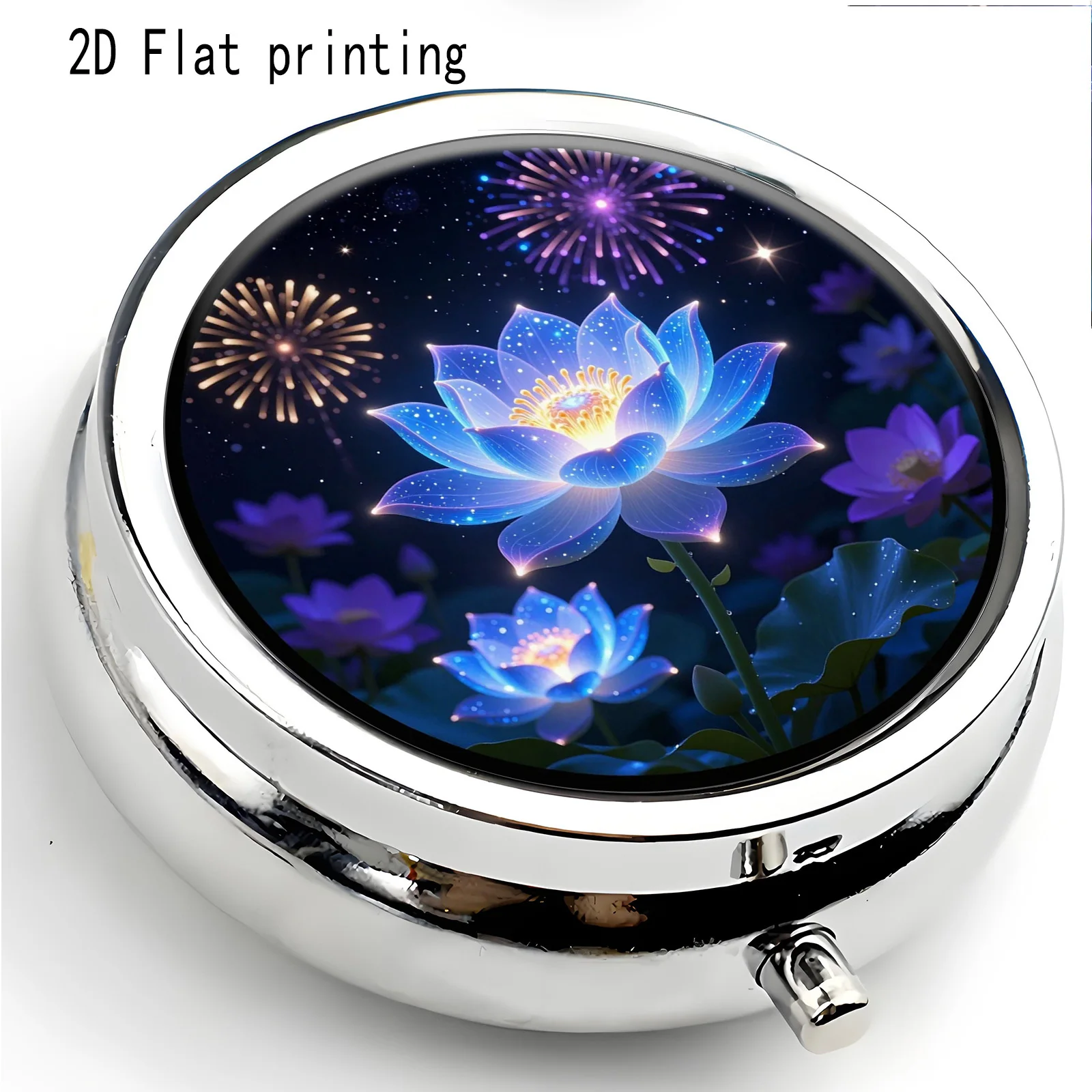 Single pack, flat print, featuring a mysterious microscopic style of nighttime blossoms, 3-compartment box, can be used as a portable vitamin storage box, compact travel wallet organizer, and for nature lovers