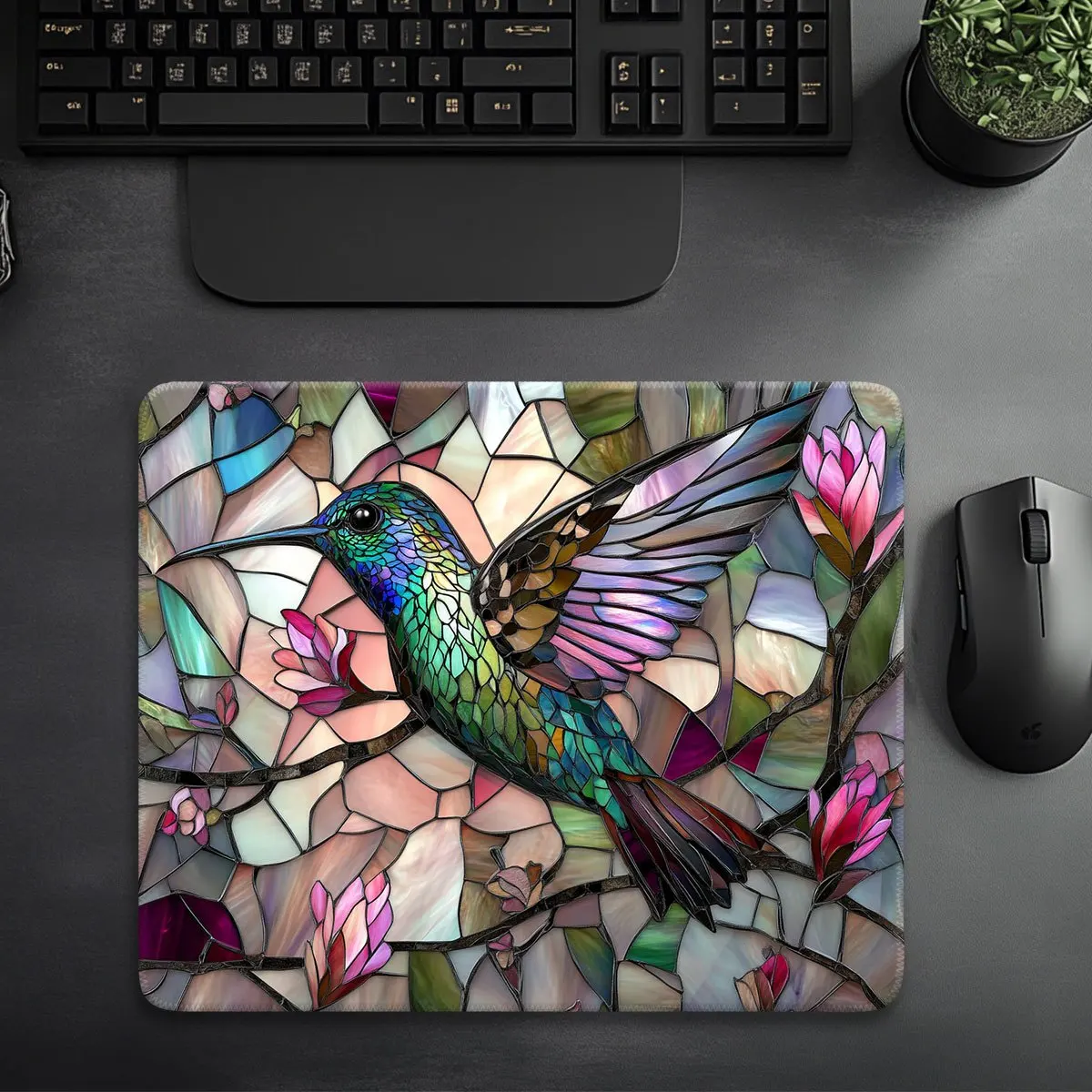 Colored glass hummingbird mouse pad, flower branch anti-slip base, washable and durable rubber material computer accessory