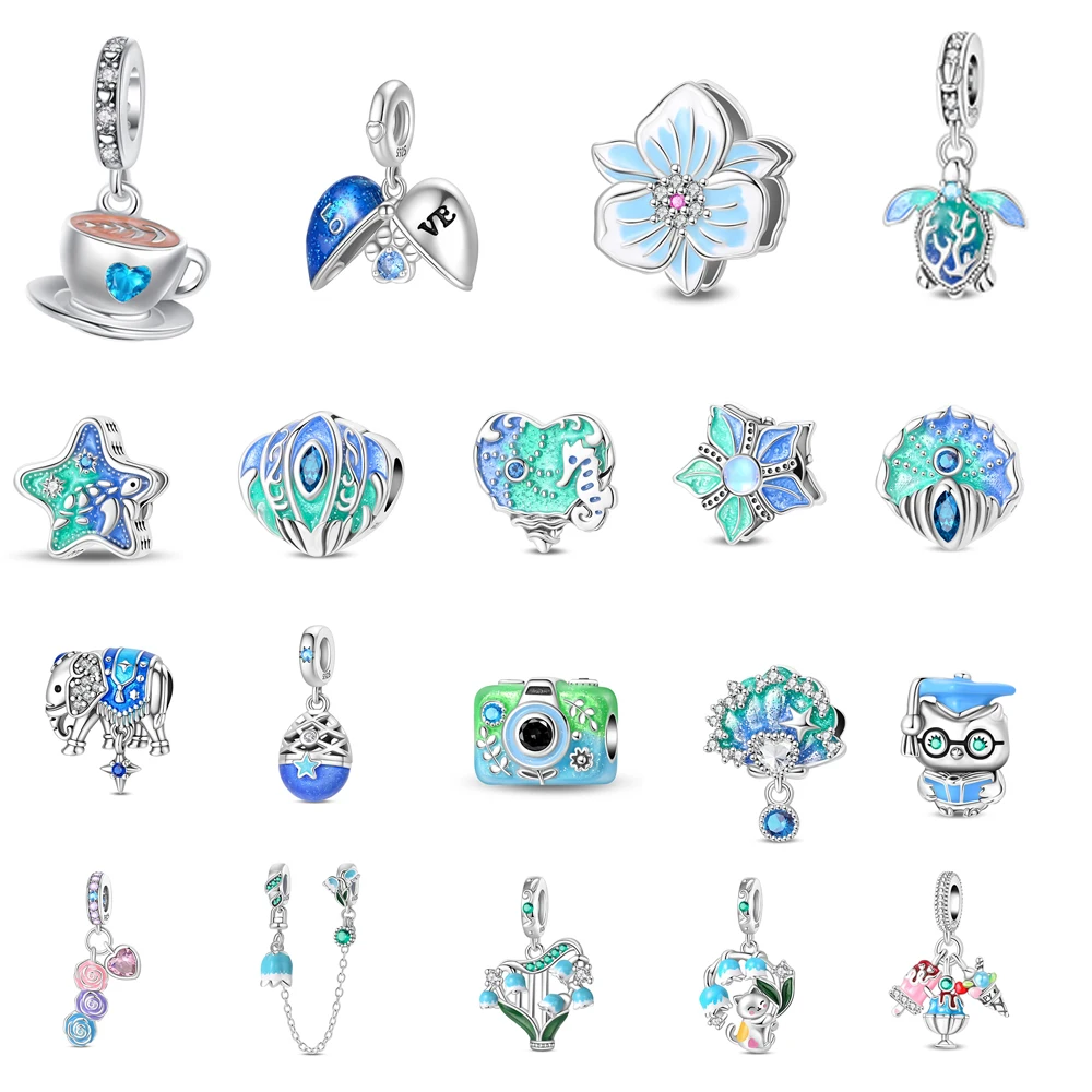 

New 925 Sterling Silver Blue Starfish Turtle Dangle Charm Fit Original Bracelet Ocean Enamel Bead For Women Diy Jewelry Gift