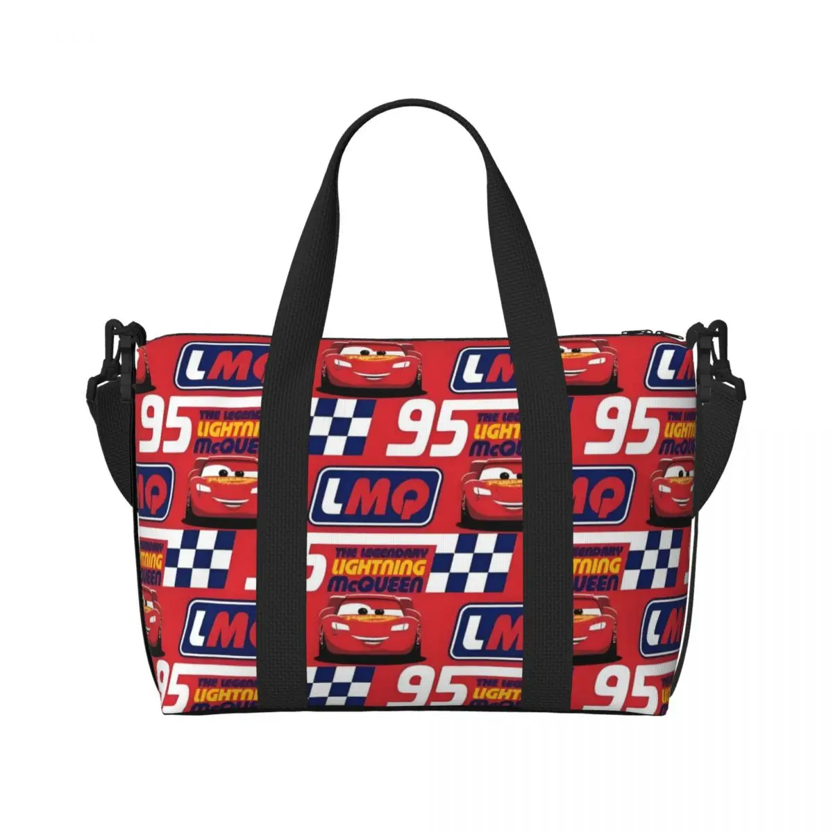 

Custom Lightning McQueen Beach Tote Bag Women fictional stock car Big Compartment Gym Beach Travel Bags