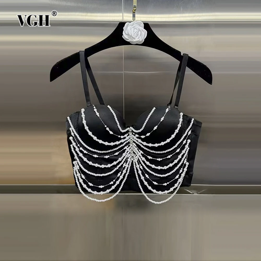 

VGH Patchwork Beading Sexy Tank Tops For Women Square Collar Sleeveless Backless Spliced Diamonds Slimming Short Vests Female