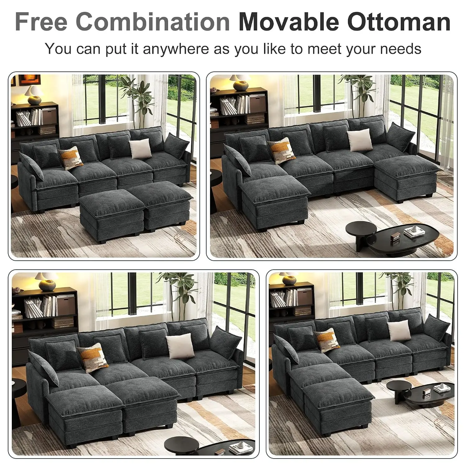 107" Cloud Couch Sectional Modular Sofa, Deep Seat Couches with Ottoman and Removable Washable Pillows for Living Room, Bedroom