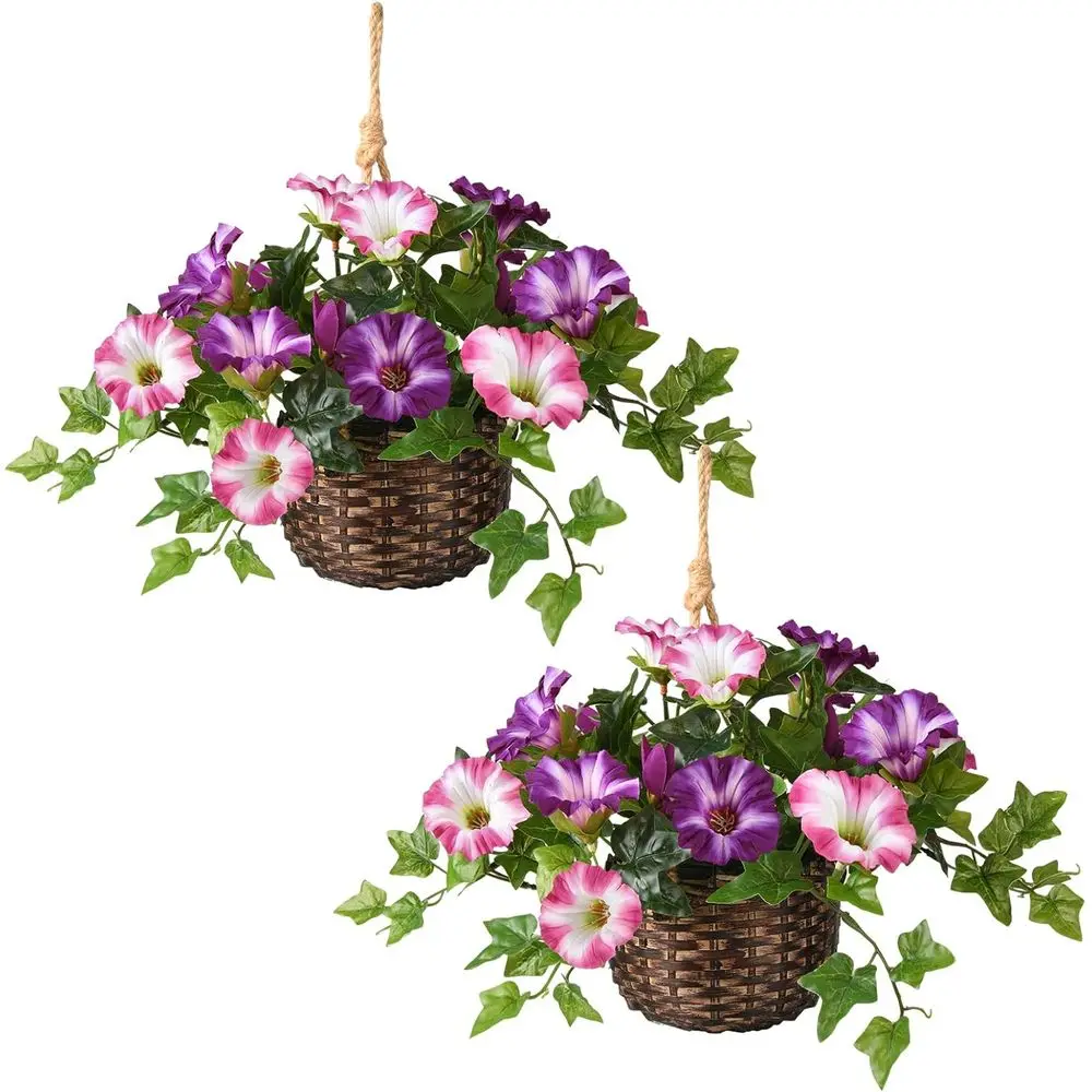 

2 искусственные подвесные корзины для улицы с цветами ипомеи из шелка для декора веранды, сада или патио весной/летом (фиолетовые)