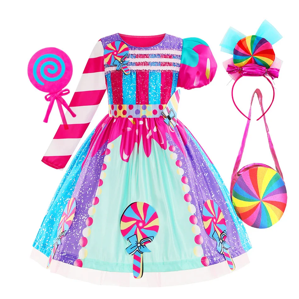 Rainbow Candy Princess Dress Girls Ball Lollipop Purim Costume for Kids with Headband Holiday Birthday Party Clothes Outfits