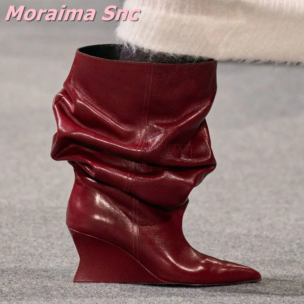 

Pleated Strange Wedges Knee High Boots Pointed Toe Slip On Fashion Newest Burgundy Women Long Modern Boots Autumn Winter Runway