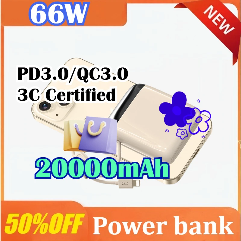 

CCC 20000mAh Mini Power Bank 66W Super Fast Charging Built-in USB-C Cable PD3.0/QC3.0 Certified Portable Charger Travel-Friendly