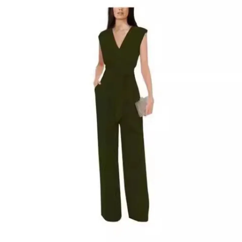 

Summer New V-neck Short-sleeved Jumpsuit Women's Solid Color Casual Waist Wide-leg Trousers Trousers