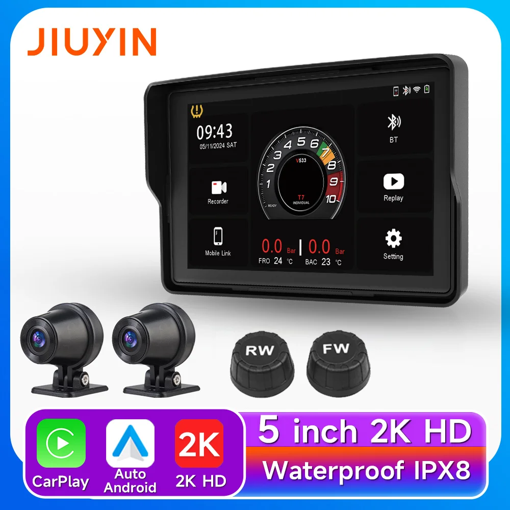 JIUYIN 2K HD Bluetooth Motorcycle Navigation GPS Wireless Carplay Android Auto IPX67 Waterproof Screen Dual Video Recording