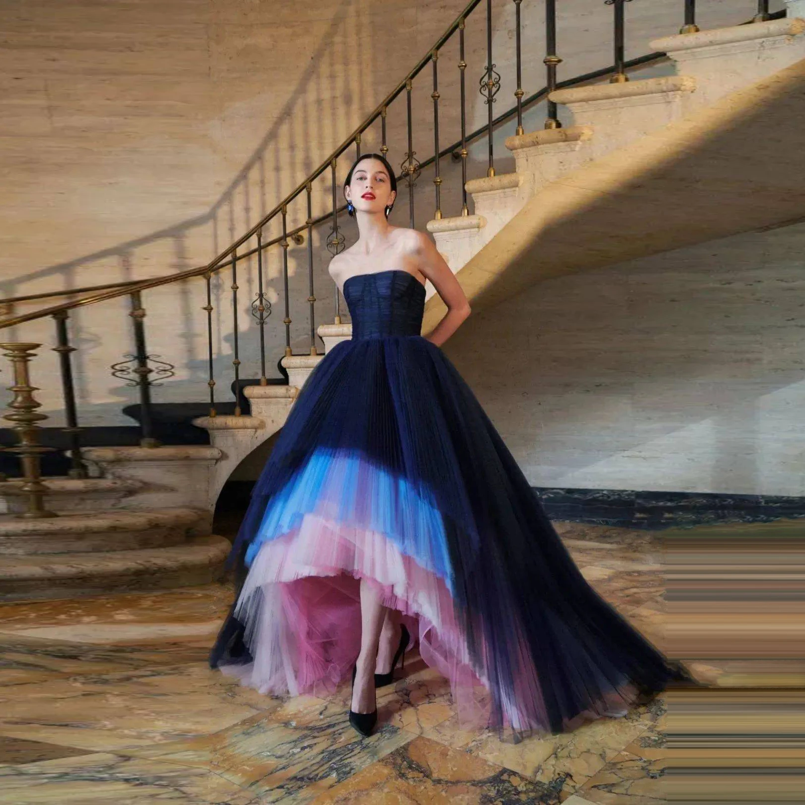 

4 Colors Gradient Pink Blue Tulle Dresses Women Party Long Prom Gowns Multi Layer High Low Maxi Dress Black Full Length