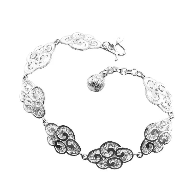 Chinese Ethnic Style 999 Pure Silver Traditional Craft Filigree Auspicious Cloud Bracelet for Women Jewelry Party Wedding Gift