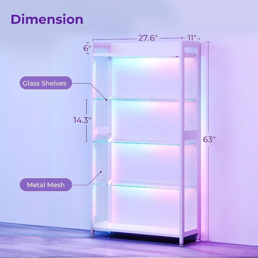 Display Case with Open Glass Shelves, RGB Light Display Cabinet