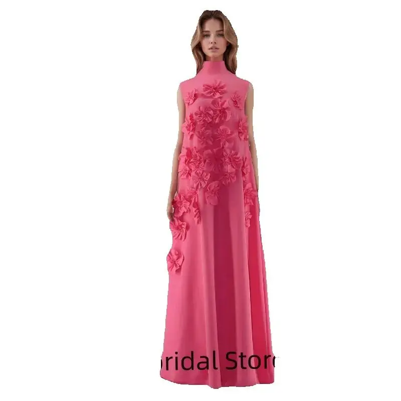 

Customized Latest Evening Dresses Pink High Collar Prom Party Gowns Sleeveless Flowers Wedding Guest Dresses Floor Length