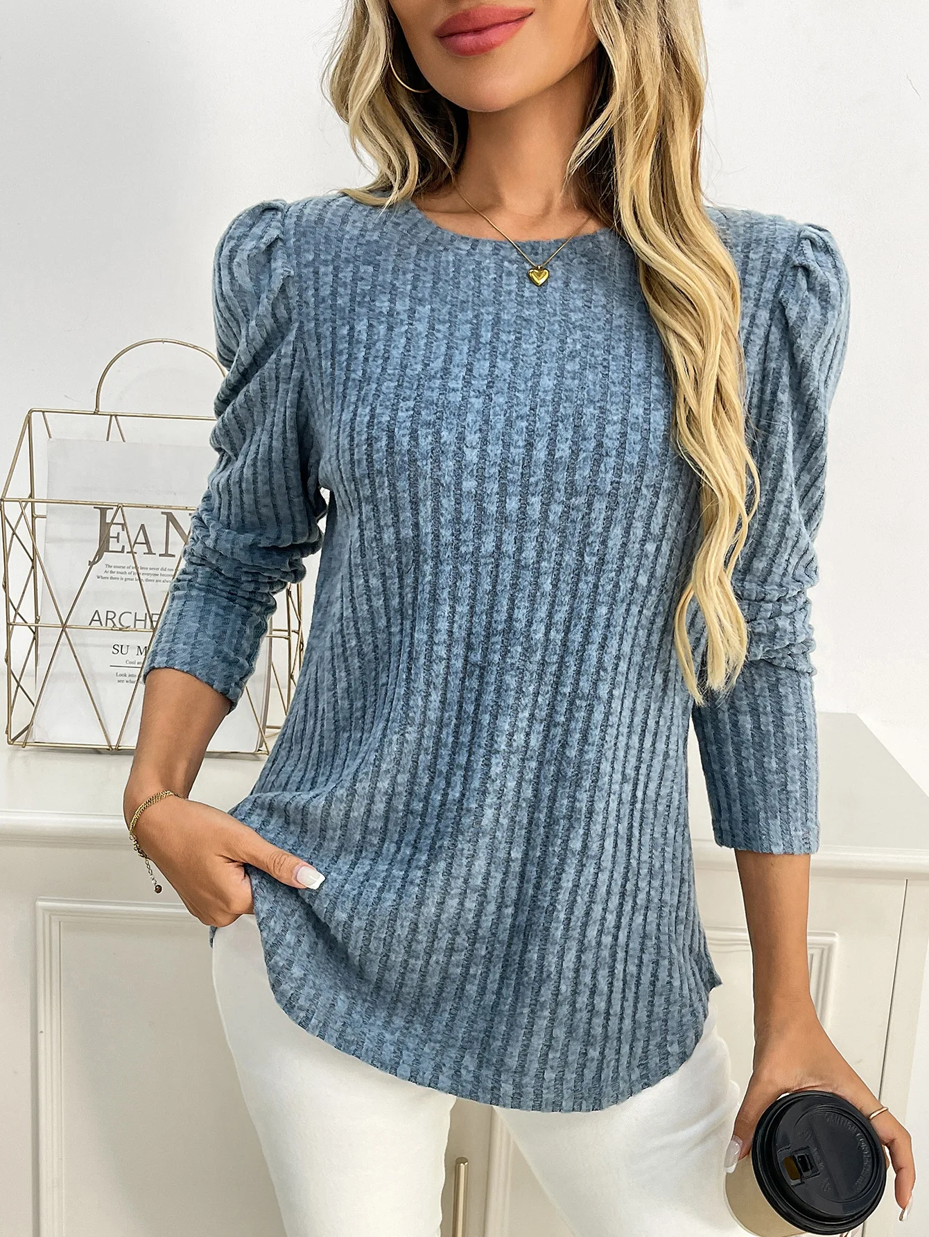 

2025 New Style Women's Crew Neck Puff Sleeve Brushed Ribbed Solid Color Long-Sleeve T-Shirt
