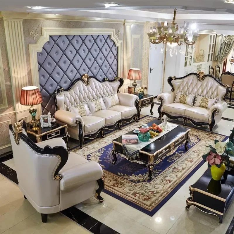 European leather sofa living room combination corner L-shaped ebony solid wood carving small apartment first-layer cowhide sofa