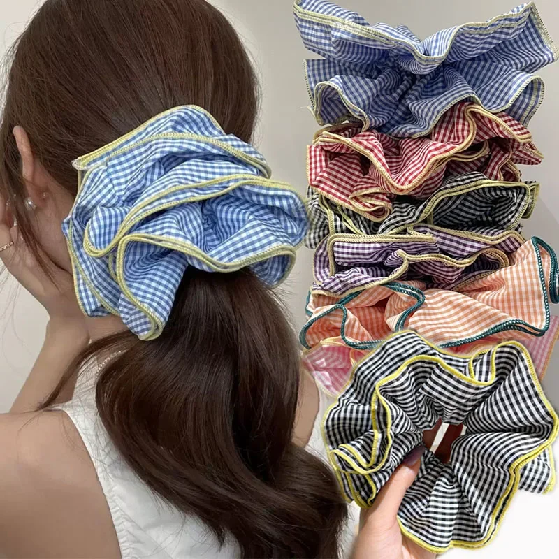 

Colorful Lattice Ruffles Hair Rope Retro Hair Scrunchies for Womens Girls Sweet Romance Headbands Rubber Band Hair Accessories