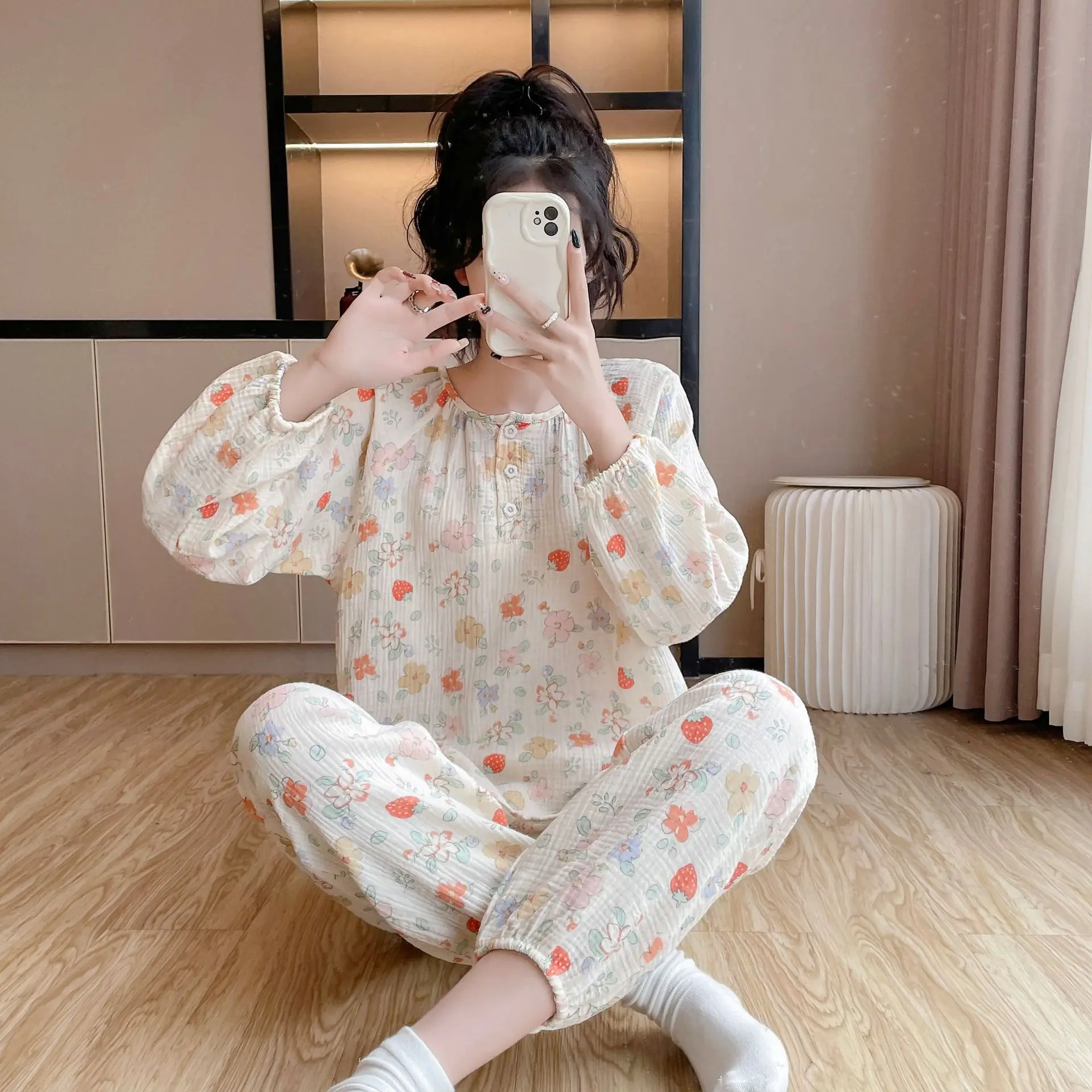 Pure Cotton Women's Long-sleeved Trousers Thin Cotton Yarn Round Neck Loose Baby Cotton Pullover Home Clothes