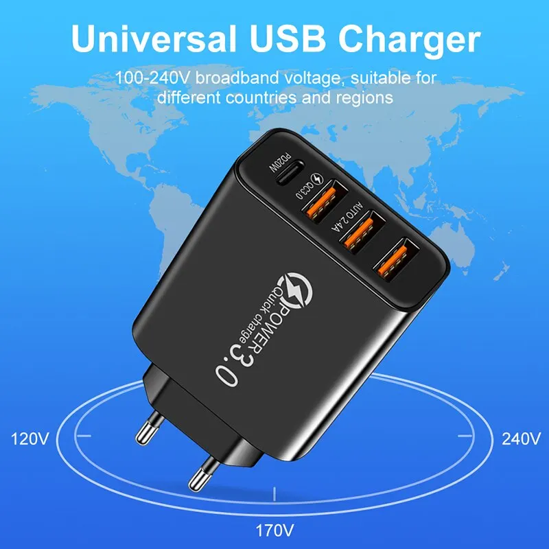 New Fast Charging US Standard Euro Standard Charger 3USB Type C Mobile Phone Travel Charger Universal Adapter