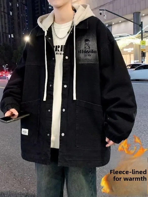 Hooded Fleece Lined Thick Denim Jacket for Teens Warm Casual Style Long Sleeve Coat with Pockets Youth Fashion Autumn Winter ...