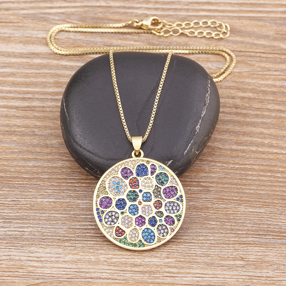 Nidin Newest Round Rainbow Irregular Pattern Creative Design Pendant for Women Full Cubic Zirconia Crystal Necklaces Jewelry