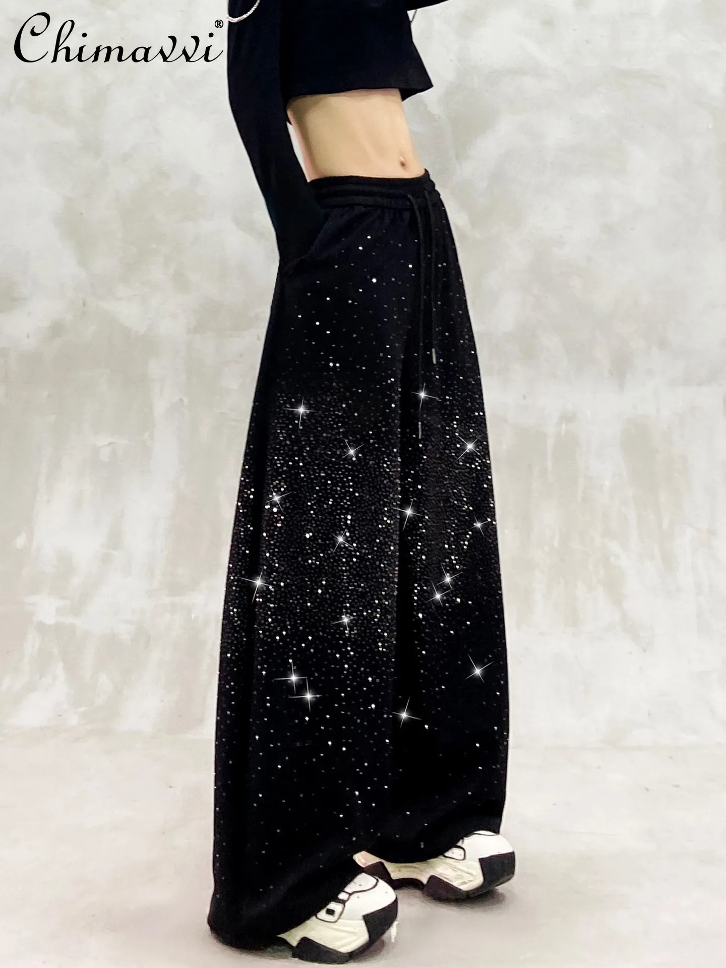 

Heavy Rhinestone Design Draped Sports Casual Pants Women Spring New Fashion High-waisted Loose Slim Straight-leg Wide-leg Pants