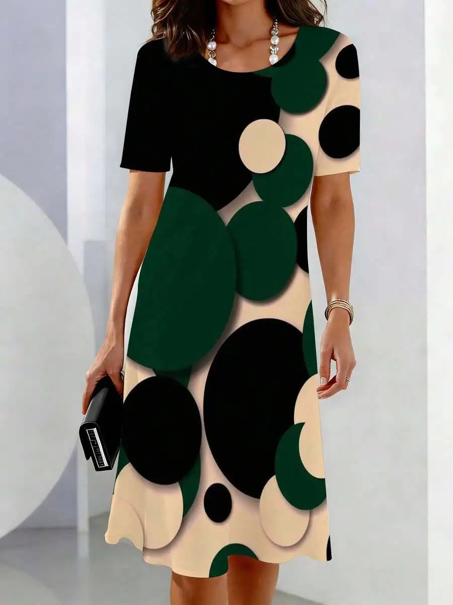 

Womens Casual Abstract Geometric Circles Pattern Short Sleeve Crew Neck Dress For Leisure