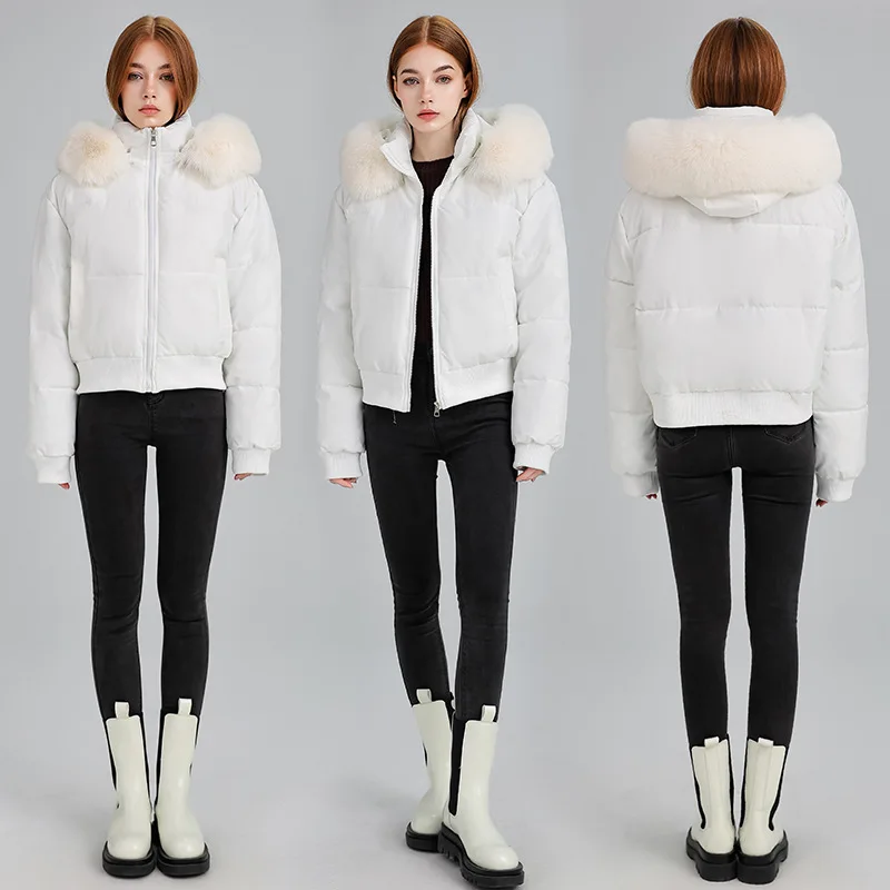 PinkyIsBlack New Warm Autumn and Winter High Waist Big Fur Short Hooded Women's Cotton Padded Jacket Coat Basic Zipper Parkas