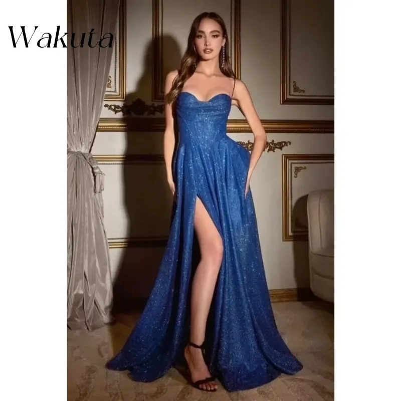 Wakuta Shiny Spaghetti Straps Sequin Prom Dress for Women 2024 Sexy Sweetheart Party Evening Gowns High Slit Vestidos De Fiesta