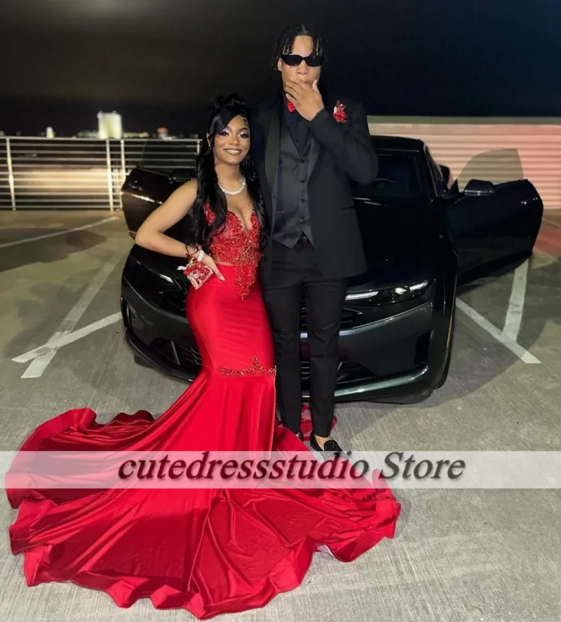 Elegant Red Mermaid Prom Dresses 2025 For Black Girls Crystal Rhinestone Satin Party Dress Long Evening Gowns Customized