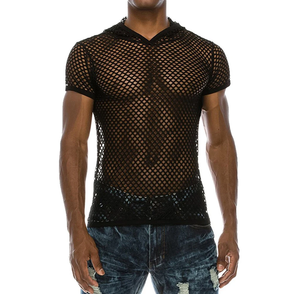 

T-Shirt Tops Men Muscle Top Perspective Polyester Short Sleeve Slight Stretch Solid Color Daily Fishnet Fitted