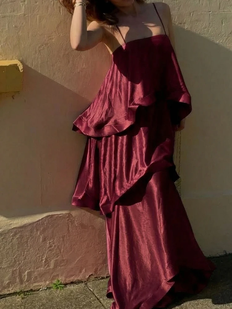 Lange elegante zomerjurk met schouderbandjes, gelaagd satijn, feestjurk, nieuw damesmodel, mouwloos, met uitsparingen, strandmaxi-jurk 2026