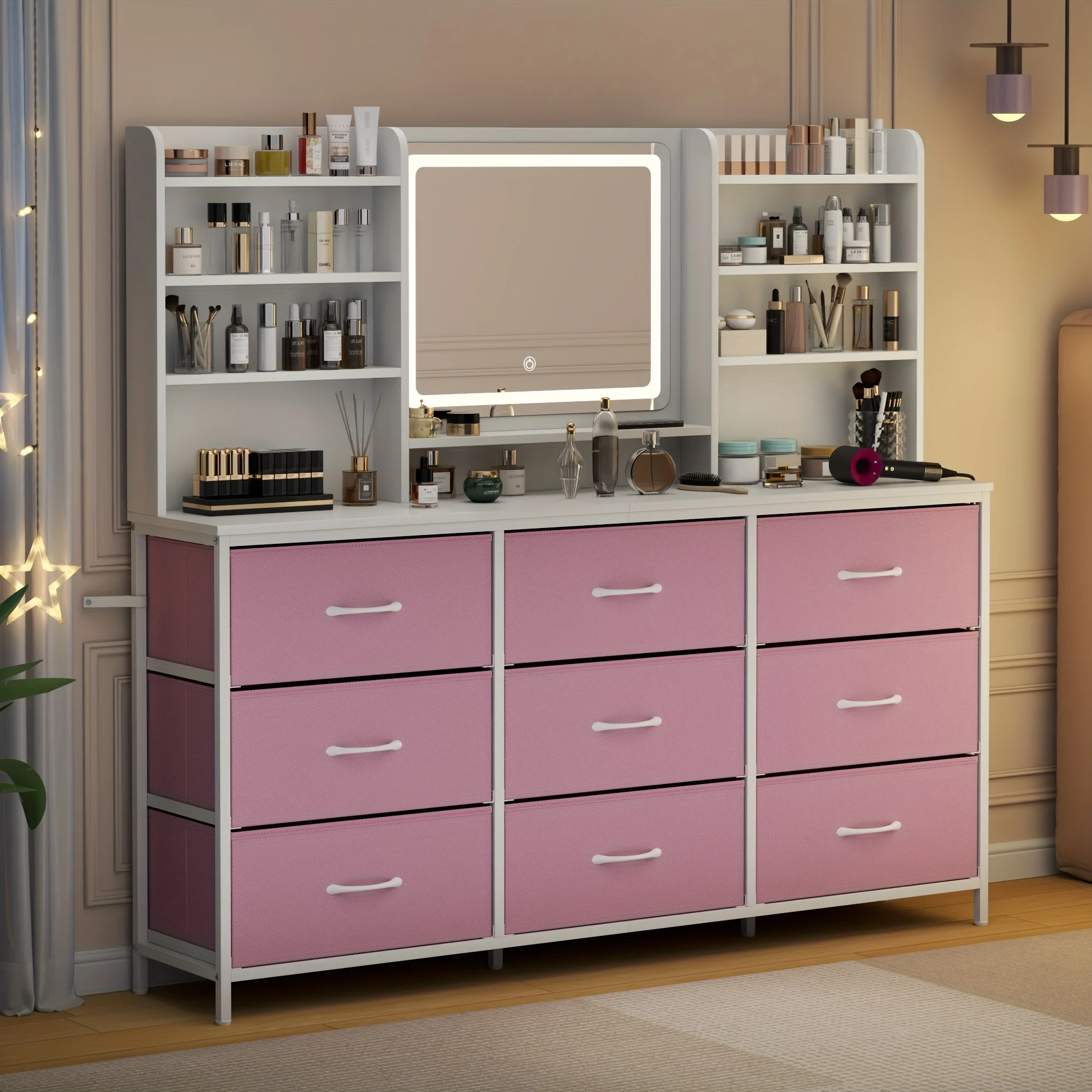 Dressing Table Featuring a Spacious Mirror, Equipped with Nine Fabric Drawers And Eight Storage Shelves, Ideal for Women And Girls, with Adjustable Lighting in Three Colors, Finished in White