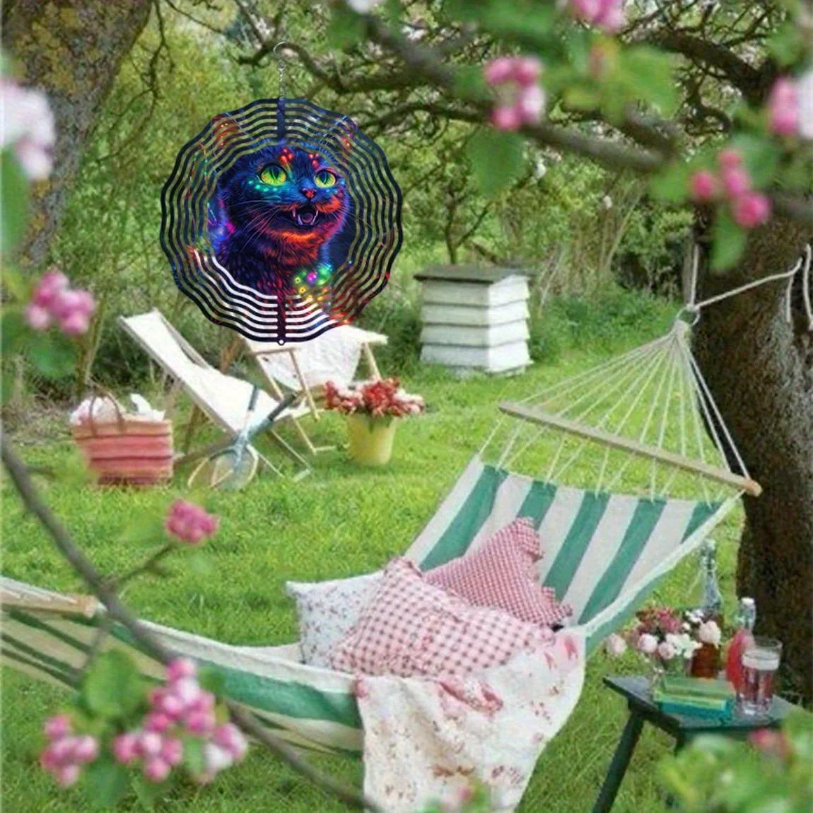 Campanella a vento in metallo con gatto blu ad energia solare (Sorriso misterioso) |   Decorazione da appendere |   Regalo ideale per Halloween e Natale