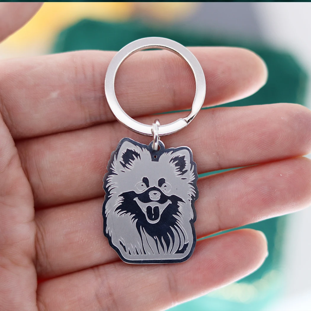 Cartoon Pet Charms Cute Pomeranian Dog Kids Gifts Keychain for Women Men Stainless Steel Pendant Bag Car Key Ring Deco Jewelry