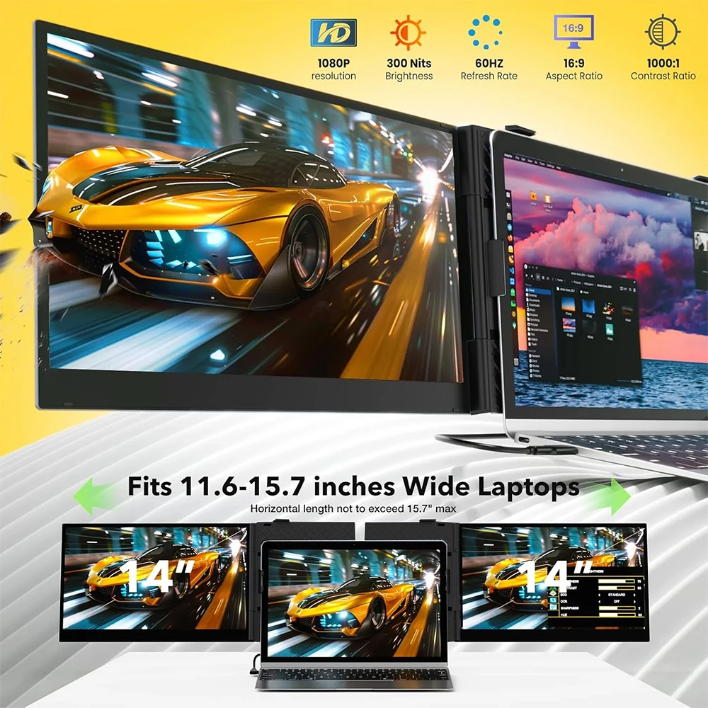 14-Inch Triple Portable Monitor USB C Screen Extender Display for 2 Business Gaming Monitors Plug and Play Mobile Workstation