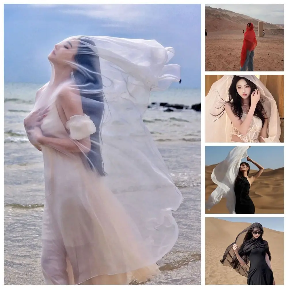 

Elegant Bohemian Silk Scarf Shawls Korean Style Transparent Mesh Neck Scarves Neckerchief Sunscreen Hijab Wraps Head Scarf
