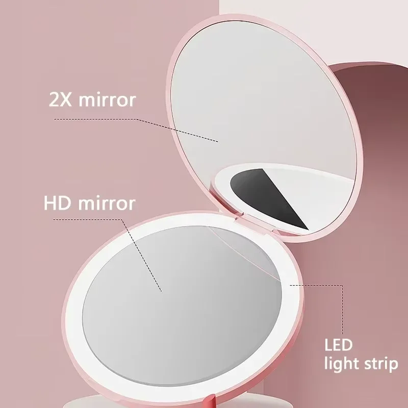 Reizen gepersonaliseerde kleine LED-licht cosmetische 2-zijdig opvouwbare make-up compacte zakspiegel dames lichtgevend effect minispiegel