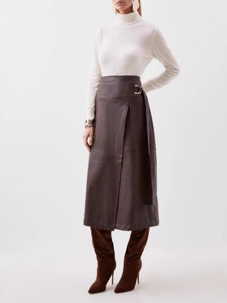 

Elegant Lady Irregular Commute Long Skirt High Waist Fashion PU Leather Half Skirts Temperament Vintage Pure Color A-line Skirts