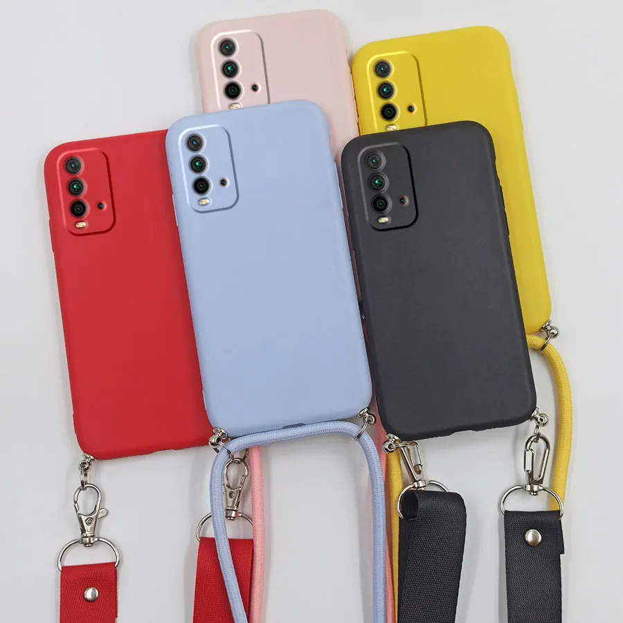 Crossbody Strap Funda For Redmi 9T Case Black Yellow Silicone Matte Necklace Lanyard Case For Xiaomi Redmi 9T Redmi9T Cover Cute