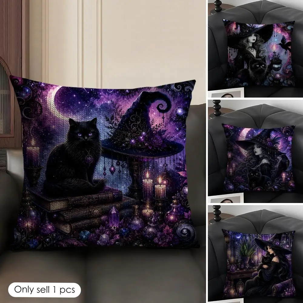 Beautiful Witch and Black Cat Cushion Cover Natural Linen Organic Fabric Double Sided Print Sofa Pillow Case Home Decor Gift