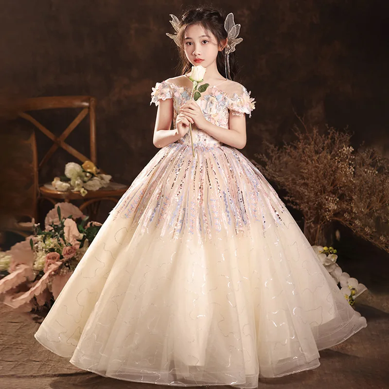 2024 Gorgeous girl sequin birthday dress girl host princess dress flower girl fluffy dress model runway piano performance dress