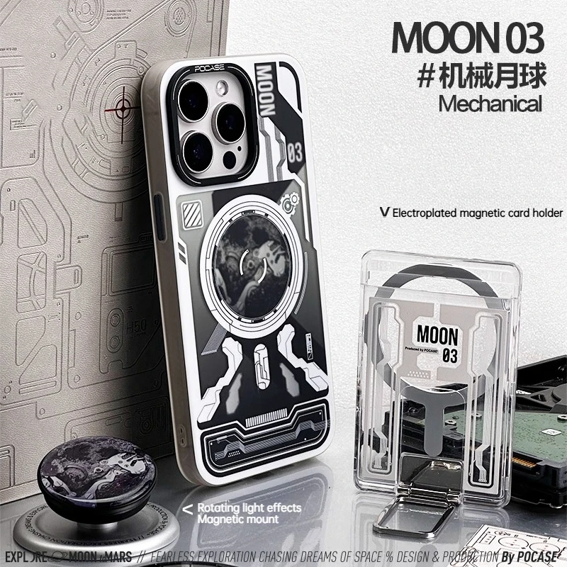 حافظة هاتف على شكل قمر ميكانيكي مع حامل بطاقة/حامل مغناطيسي لهاتف آيفون آيفون 16/15/14 برو ماكس غطاء مقاوم للصدمات #1