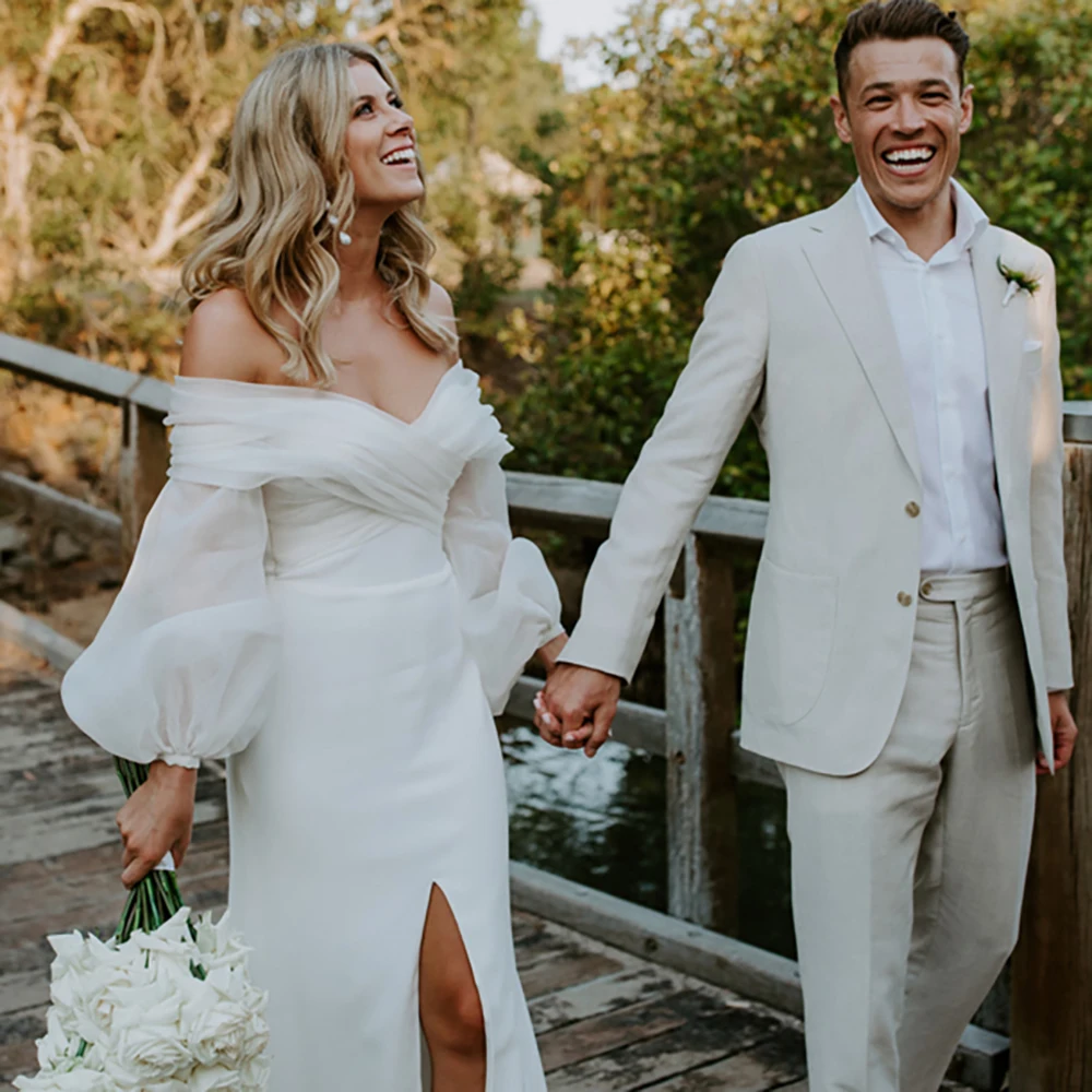 Vestido de novia tubo de Organza fruncido con hombros descubiertos, botones personalizados, abertura alta, crepé Simple, cuello en V, vestidos de novia de playa mínima