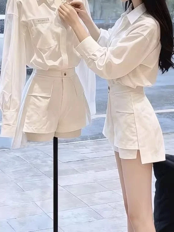 Fashionable White  Neck Shirt And Work Skirt Set Women's Autumn New Style Retro Two-Piece Suit High Waist Short Pants