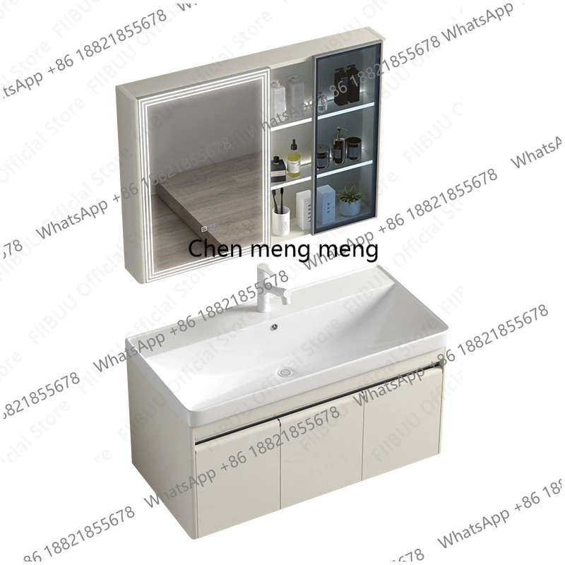 

Современный подвесной комплект мебели для ванной комнаты с цельной раковиной, зеркальным шкафом и большим местом для хранения, с краном и сливом