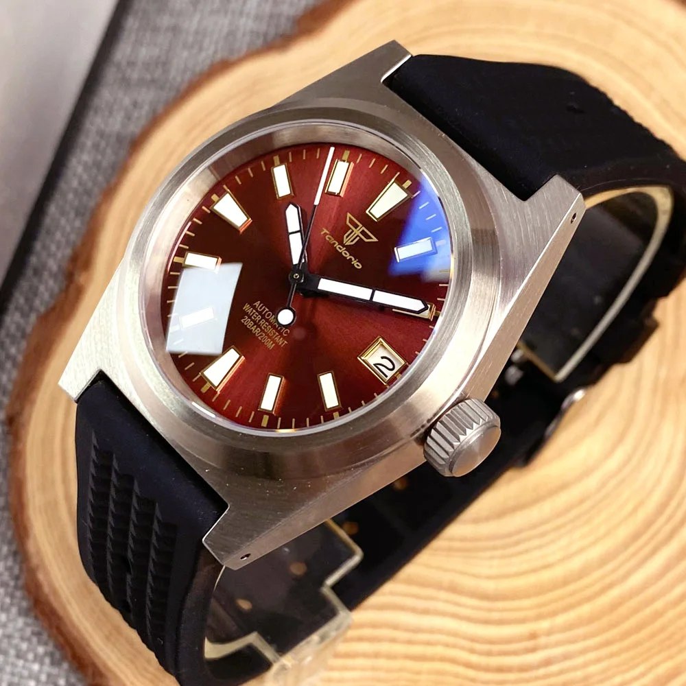 Tandorio 38mm AR Sapphire Glass NH35A Automatic Movement Watch For Men Red Blue Black Brushed case 200M Waterproof Rubber Strap