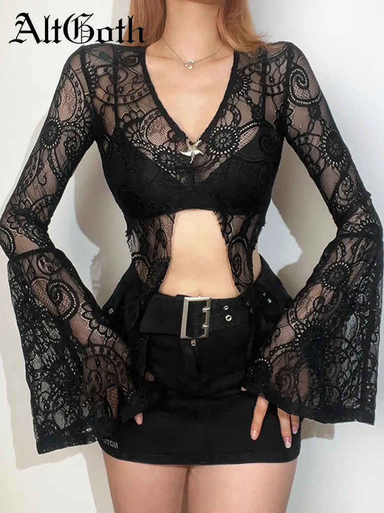 AltGoth Mall Goth Lace T-shirt Women Aesthetic Sexy See Through V-neck Flare Sleeve Crop Tee Tops Emo Alternative Indie Clothes